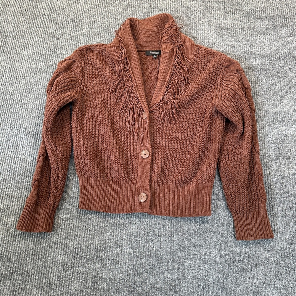 Witty Fox Fringe Shawl Collar Cardigan Sweater Brown Cable Knit Sleeve Boho S